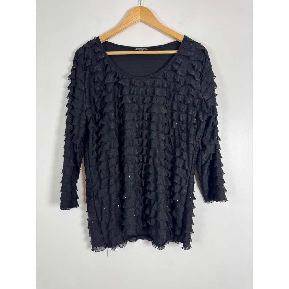 Whimsigoth Notations Woman 2X Blouse Black Tiered Ruffle Sequin Eyelet Top